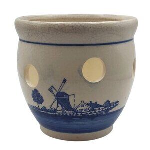 Vintage Delft Blue Holland Hand-Painted Ceramic Bulb Planter Windmill Sailboat